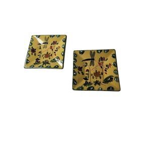 ROMANCING PROVENCE Libellule Yellow Dragonfly Floral Square Dessert Plate Set /2